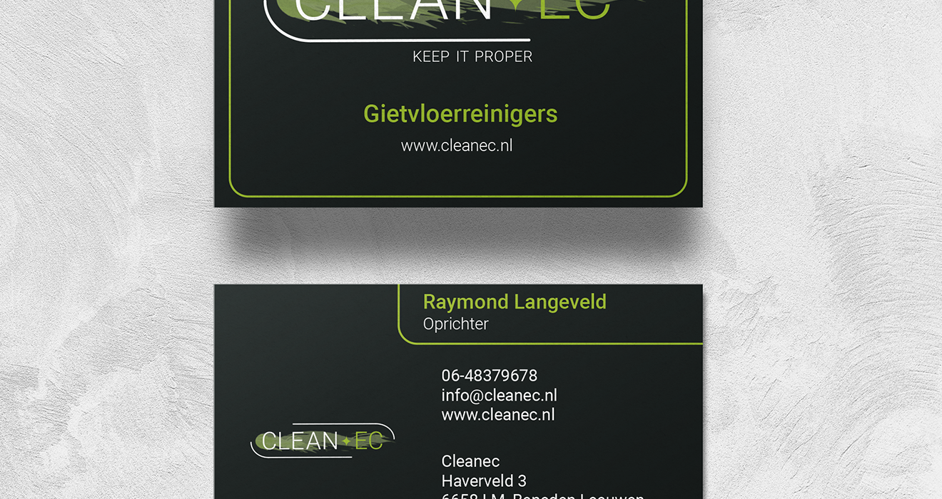 Image of the front and back of the Cleanec Businesscard. The card is dark with light text on it.