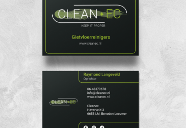 Image of the front and back of the Cleanec Businesscard. The card is dark with light text on it.