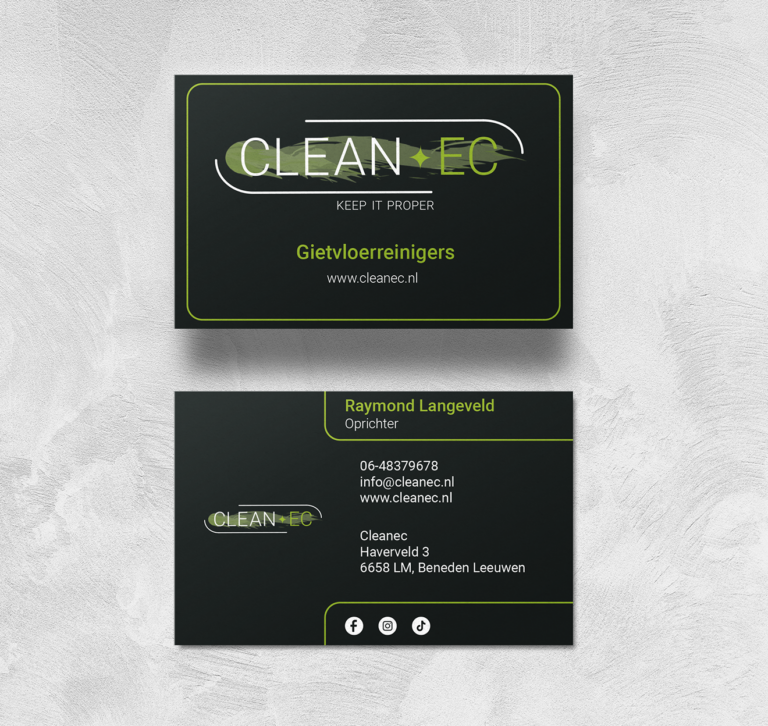 Image of the front and back of the Cleanec Businesscard. The card is dark with light text on it.