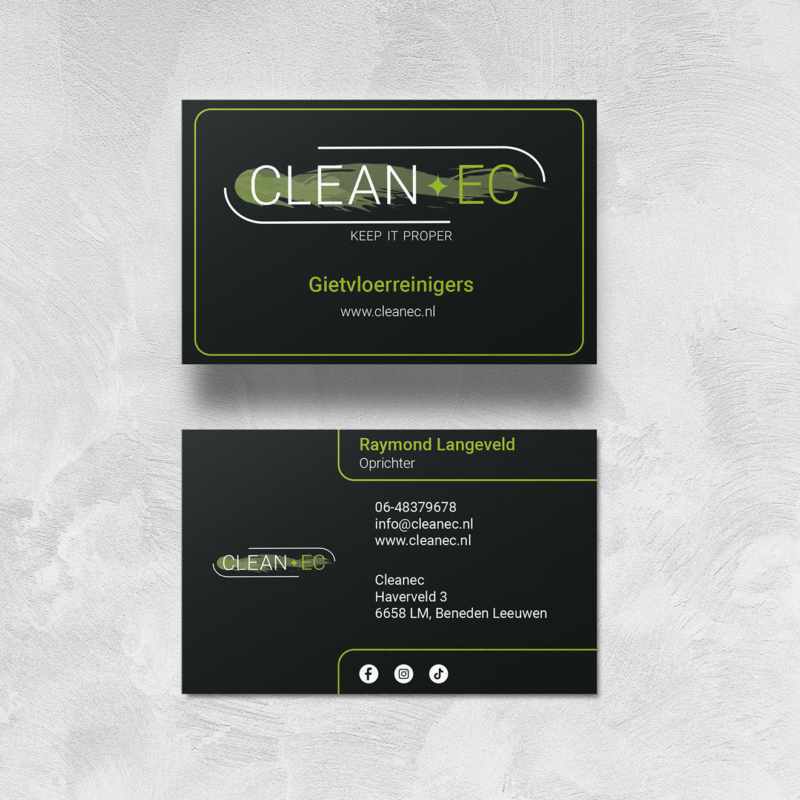 Image of the front and back of the Cleanec Businesscard. The card is dark with light text on it.