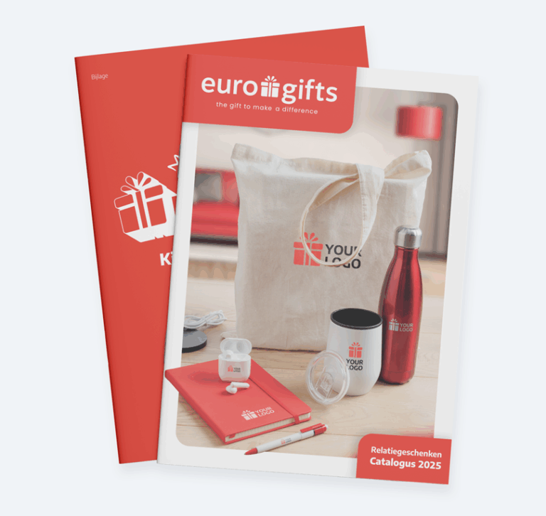 Picture of two stacked brochures. The front one is a promotional gift brochure of Eurogifts with a canvas bag, red steel bottle and notebook on the cover.