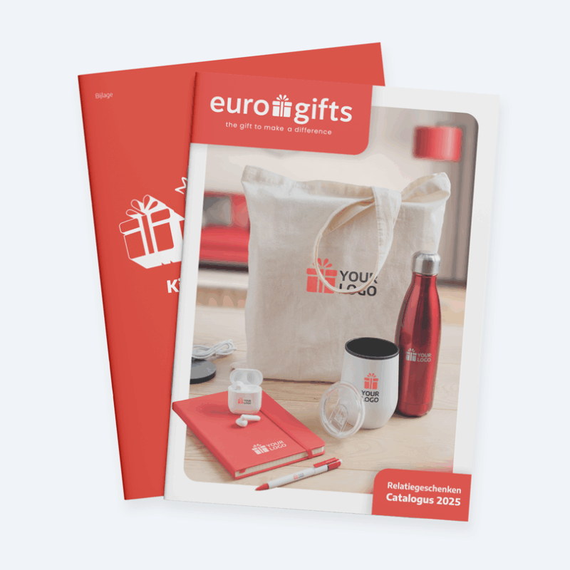 Picture of two stacked brochures. The front one is a promotional gift brochure of Eurogifts with a canvas bag, red steel bottle and notebook on the cover.