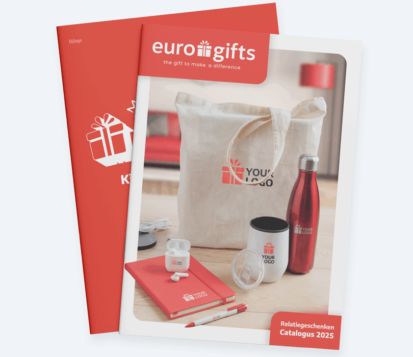 Picture of two stacked brochures. The front one is a promotional gift brochure of Eurogifts with a canvas bag, red steel bottle and notebook on the cover.